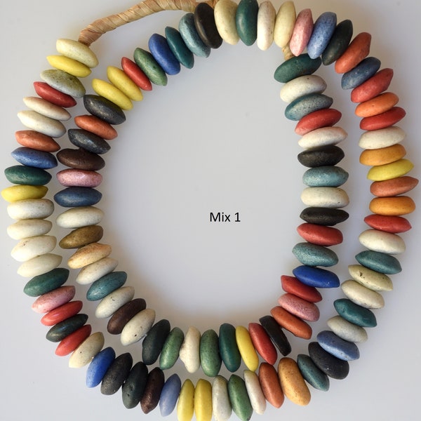 24-26 Inch Strand of African Recycled Glass Disc Saucer Beads - Powder Glass Beads from Ghana - Various Colors