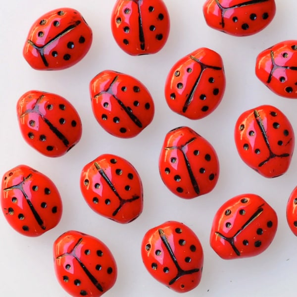 Small Ladybug Bead - Czech Glass Beads - Glass Ladybug Beads - 10mm x 7mm - Red Black - Qty 25