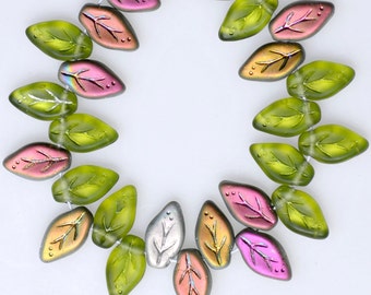 10mm x 5mm Small Leaf Bead - Czech Glass Leaf Beads - Top Hole Beads - Various AB or Vitrail Matte Colors - Qty 24