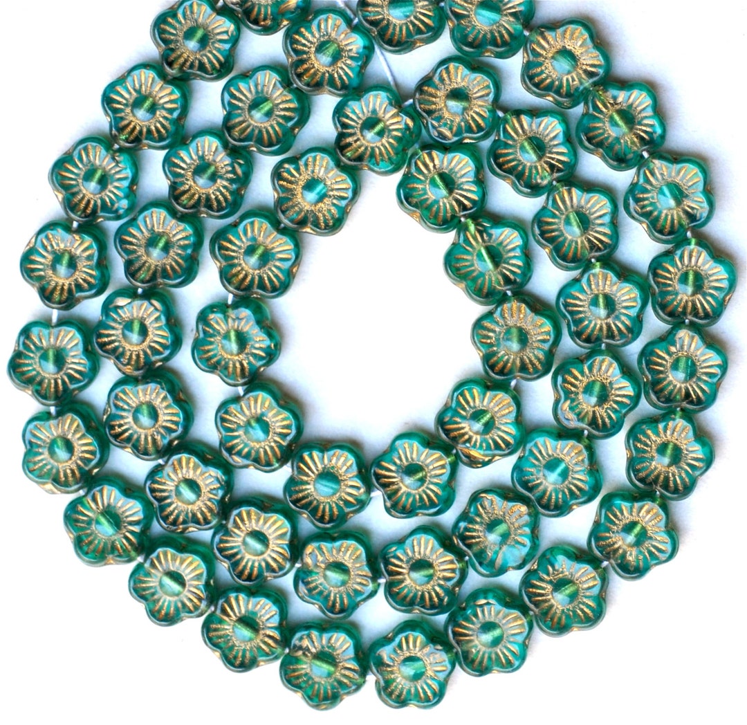 Daisy Flower Beads With Gold or Silver Decor Czech Glass Flower Beads