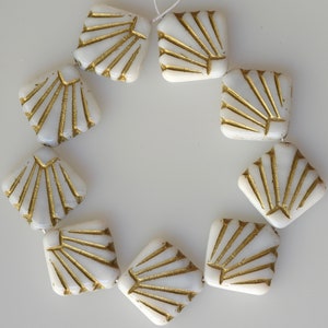 Flat Shell Fan Bead Czech Glass Shell Beads 17mm x 17mm Various Opaque Colors Qty 10 or 30 White/Gold