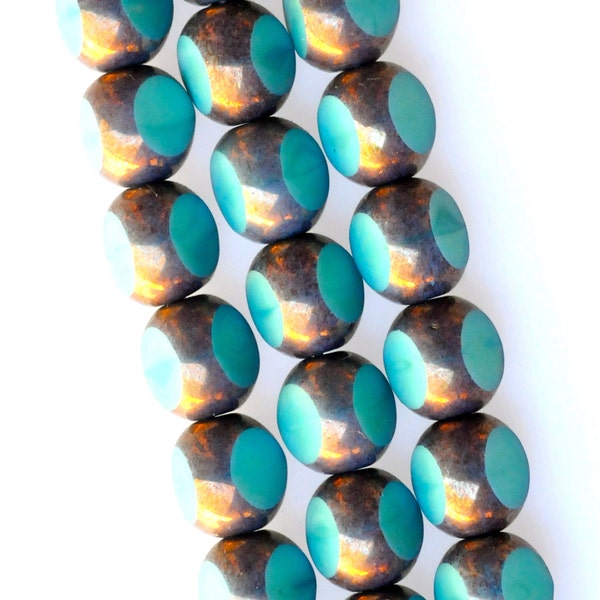 8mm Fire Polished 3-Cut Window Bead with Bronze Border - Czech Glass Beads - Turquoise or Ivory - Qty 10 or 25