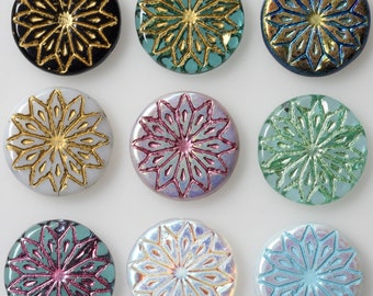 NEW BEAD! Large Round Etched Flower Bead - Czech Glass Shell Beads -  18mm - Various Colors - Qty 5 Beads