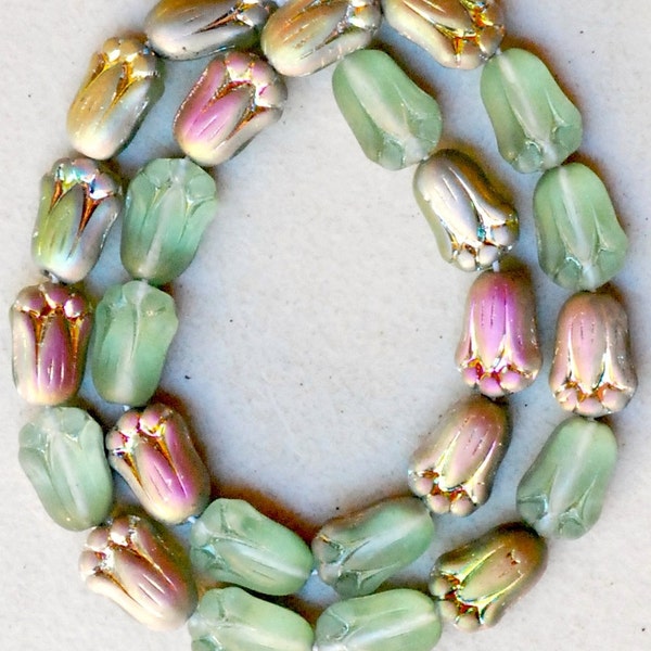Tulip Flower Beads - Czech Glass Beads - Glass Flower Beads - 9mm x 7mm - Various Vitrail Matte Colors - Qty 25