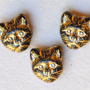 11mm Cat Bead Czech Glass Cat Beads Cat's Head Bead Various Colors Vertical or Horizontal Hole Qty 10 Black Gold