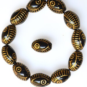 Czech Glass Egyptian Eye Bead with Gold Design - Czech Glass Beads - Various Shiny Colors - 13mm x 9mm - Qty 15 or 50