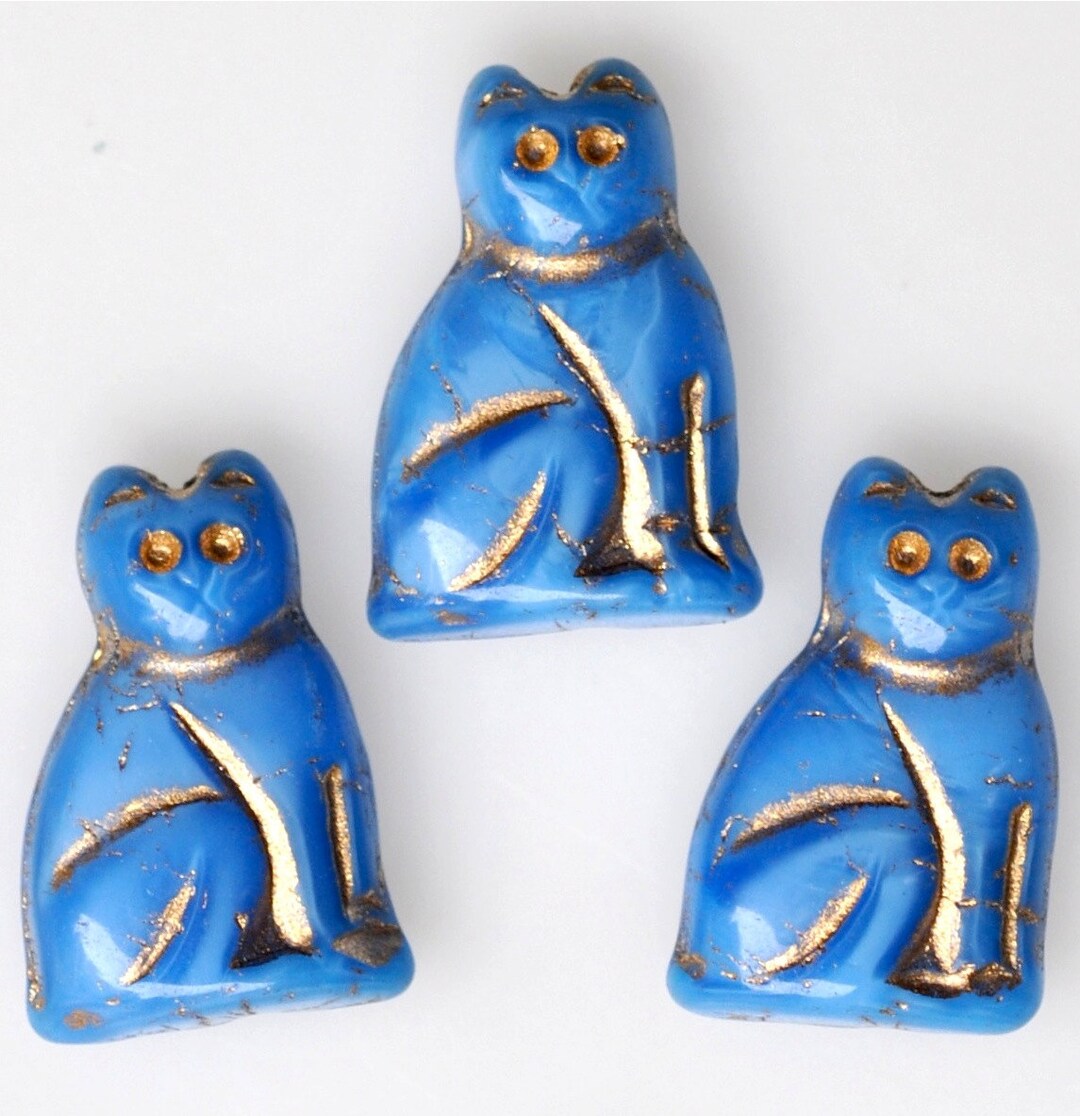 20mm Seated Cat Bead With Gold Detail Czech Glass Cat Beads Opaque Blue