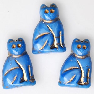 20mm Seated Cat Bead with Gold Detail - Czech Glass Cat Beads - Opaque Blue - Qty 4 or 10