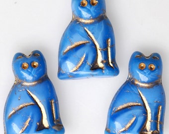 20mm Seated Cat Bead with Gold Detail - Czech Glass Cat Beads - Opaque Blue - Qty 4 or 10