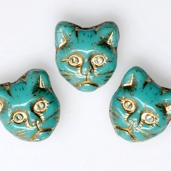 11mm Cat Bead with Vertical Hole - Czech Glass Cat Beads - Cat's Head Bead - Turquoise with Gold Detail - Qty 10