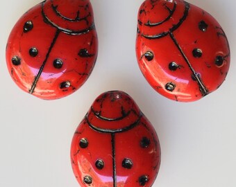 NEW SIZE * Large Red Ladybug Beads - Czech Glass Beads - 20mm x 16mm - Qty 5