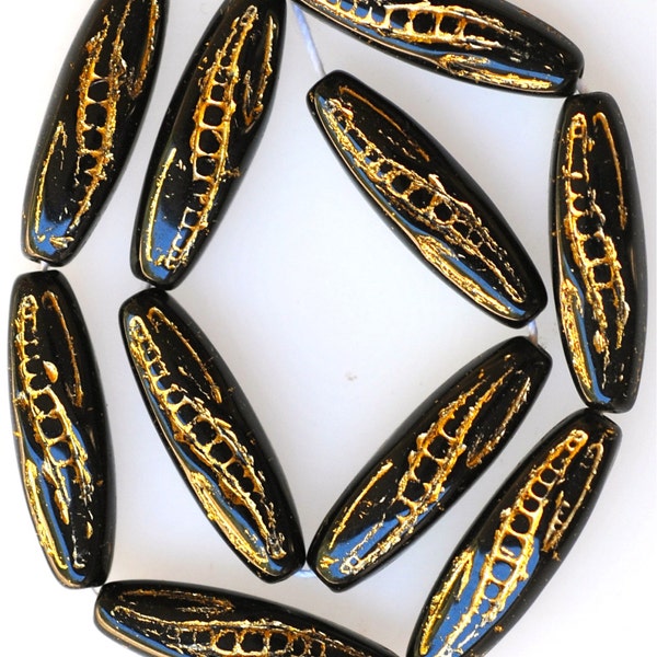 Elongated Czech Glass Beads with Gold Etched Design - 19mm x 5.5mm - Various Colors - Qty 10