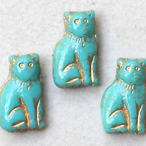 15mm Seated Cat Bead - Czech Glass Cat Beads - Turquoise Gold - Qty 10