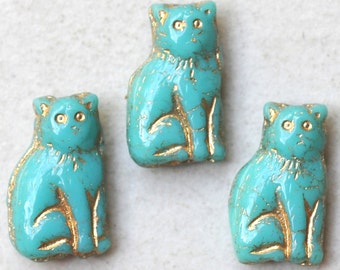 15mm Seated Cat Bead - Czech Glass Cat Beads - Turquoise Gold - Qty 10