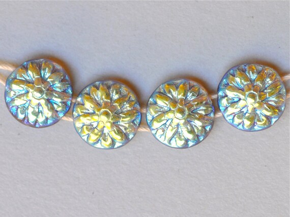 Perles Fleur 14mm Avec Dessin En Relief 2 Trou De Verre Tchèque Perles Différentes Couleurs Ab Qté 10 Ou 25