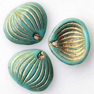 Scallop Shell Beads with Gold Decor - Czech Glass Shell Beads -15mm x 13mm - Various Colors Available - Qty 10 or 25