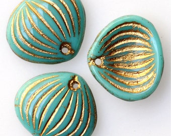 Scallop Shell Beads with Gold Decor - Czech Glass Shell Beads -15mm x 13mm - Various Colors Available - Qty 10 or 25