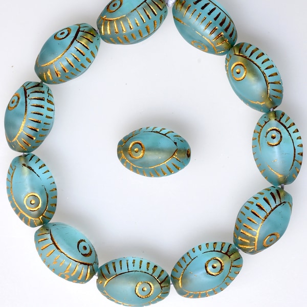 Czech Glass Egyptian Eye Bead with Gold Design - Czech Glass Beads - Various Matte Colors - 13mm x 9mm - Qty 15 or 50