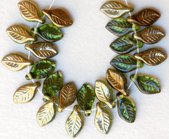 12mm x 6mm Small Leaf Bead - Czech Glass Leaf Beads - Top Hole Beads -  Hyacinth or Green Valentinit - Qty 24