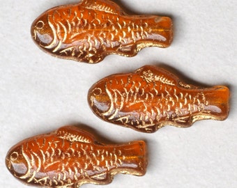 Large Fish Bead with Gold Decor - Czech Glass Fish Beads - 28mm x 13mm -  Various Colors - Qty 4 or 10