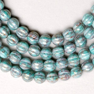 Round 8mm Turquoise Melon Bead - Picasso Diffusion Beads - Czech Glass Beads  - Qty 25 or 75