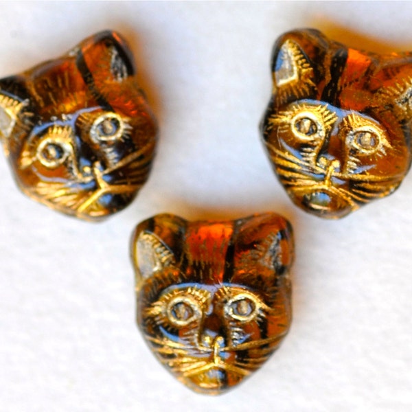 11mm Cat Bead with Horizontal Hole - Czech Glass Cat Beads - Cat's Head Bead - Various Unique Colors - Qty 10