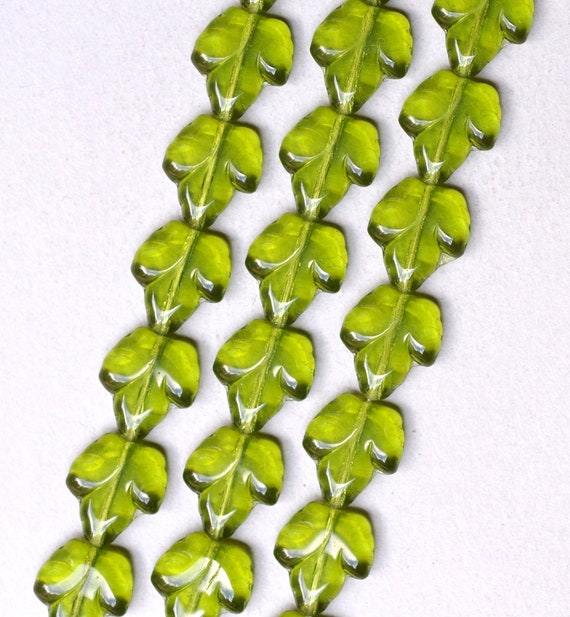 Czech Glass Leaf Beads 16mm Green Grey Leaves with Orange and