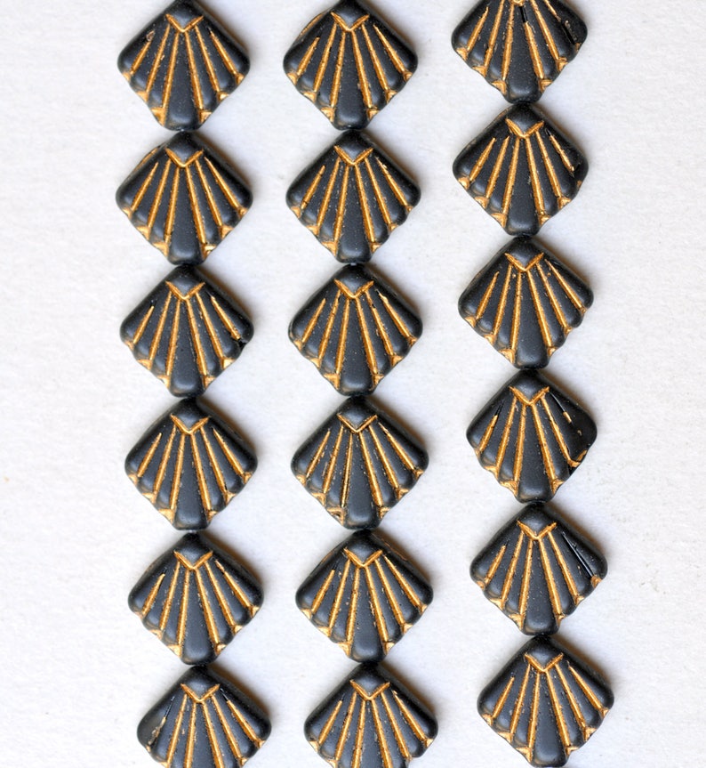 Flat Shell Fan Bead Czech Glass Shell Beads 17mm x 17mm Various Opaque Colors Qty 10 or 30 Black/Gold