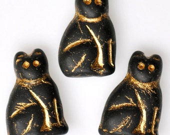 20mm Seated Cat Bead with Gold Detail - Czech Glass Cat Beads - White or Black Gold - Qty 5
