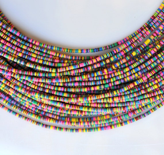 3mm, 4mm, 6mm or 8mm African Vinyl Heishi Beads - Rainbow, Hot Pink, Yellow, Purple or Blue - 30-36 Inch Strand