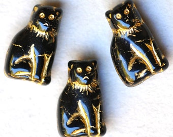 15mm Seated Cat Beads - Czech Glass Cat Beads - Black with Gold Detail - Qty 10
