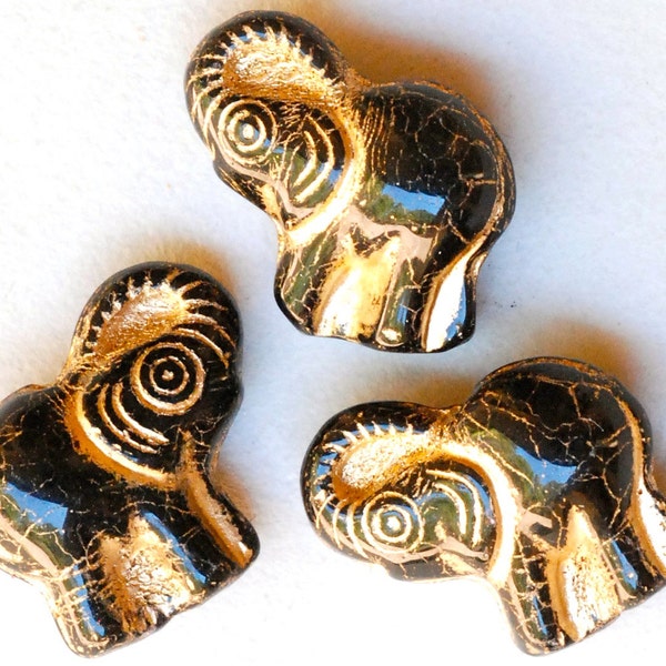 Large Elephant Bead with Gold Detail - Czech Glass Elephant Bead - 20mm x 21mm - Various Colors - Qty 4