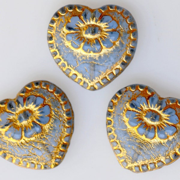 Czech Glass Large Heart Bead with Gold Etched Flower Design - Victorian Heart Bead - 17mm x 18mm - Various Shiny Colors - Qty 4 or 10