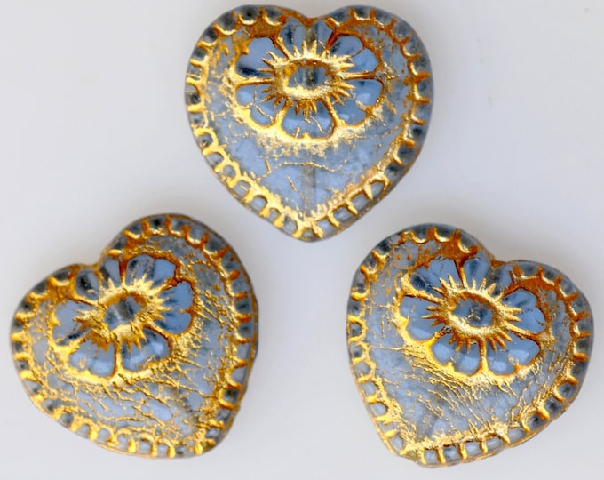 Czech Glass Large Heart Bead With Gold Etched Flower Design Victorian ...