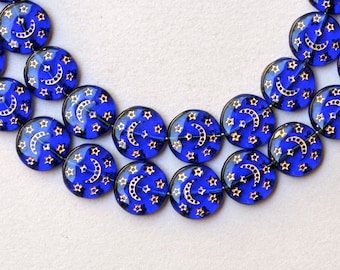 Czech Glass Beads with Gold Moon & Star - Round Tabular Beads - Various Colors - 13mm - Qty 15 or 50