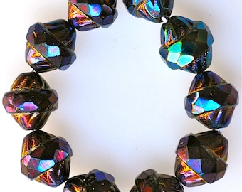 11mm x 10mm Fire Polished Glass Beads with Center Band and Bronze Edges - Czech Glass Beads - Various Colors - Qty 10