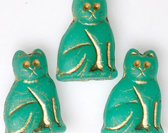 NEW COLOR! 20mm Seated Cat Bead with Gold Detail - Czech Glass Cat Beads - Jade Matte - Qty 4 or 10