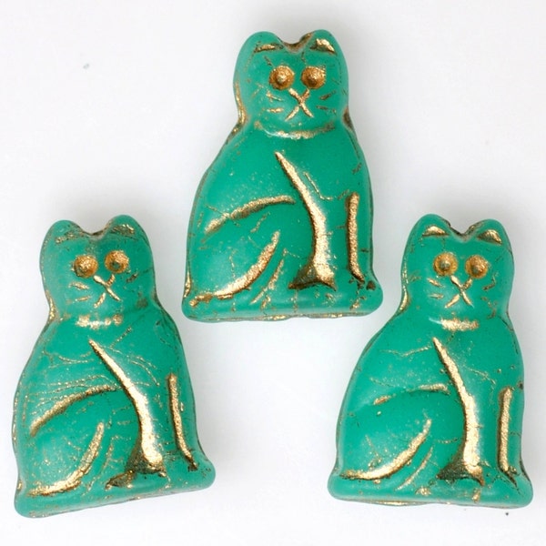 NEW COLOR! 20mm Seated Cat Bead with Gold Detail - Czech Glass Cat Beads - Jade Matte - Qty 4 or 10