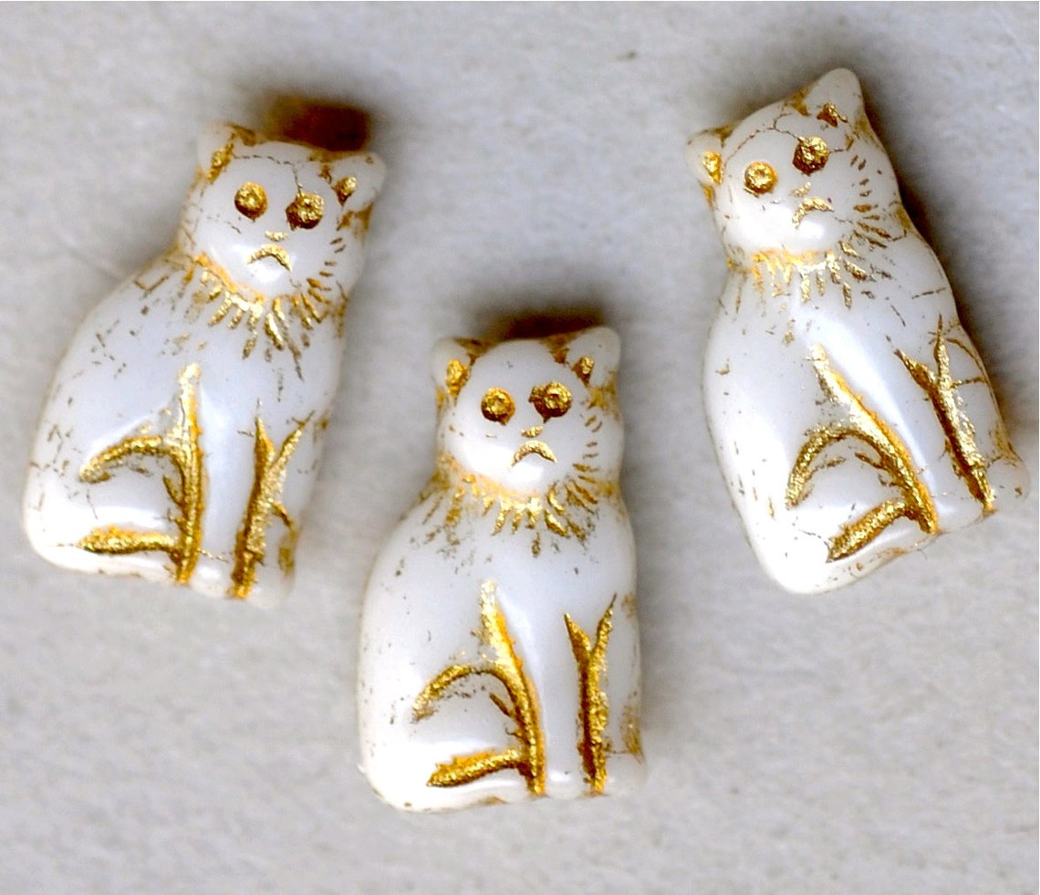 15mm Seated Cat Beads Czech Glass Cat Beads White Gold Qty 10 Etsy