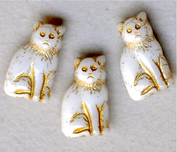 15mm Seated Cat Beads - Czech Glass Cat Beads - White Gold - Qty 10