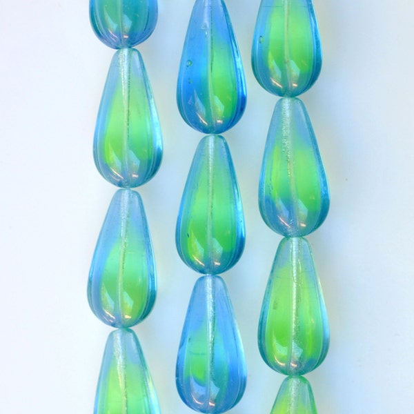 Fluted Teardrop Bead with Grooves - Czech Glass Teardrop Bead -  22mm x 11mm - Various Bicolors - Qty 10