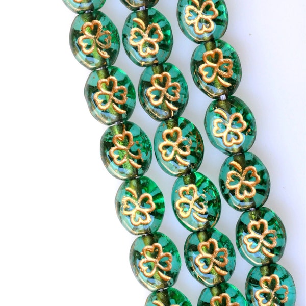 Czech Glass Shamrock Bead with Gold or Silver Clover Design - 8mm x 10mm - Various Colors Available - Qty 24