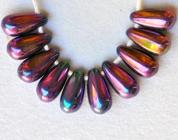 Czech Glass Wedding Beads - 5mm x 10mm - Small Teardrop Beads - Black Picasso or Purple Iris - Qty 25 or 100