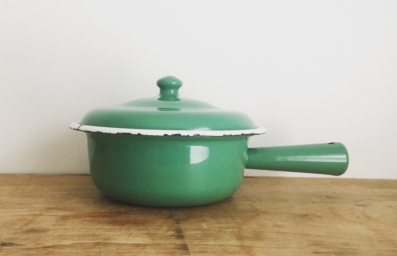 French Vintage Emerald Green Enamel Saucepan & Lid