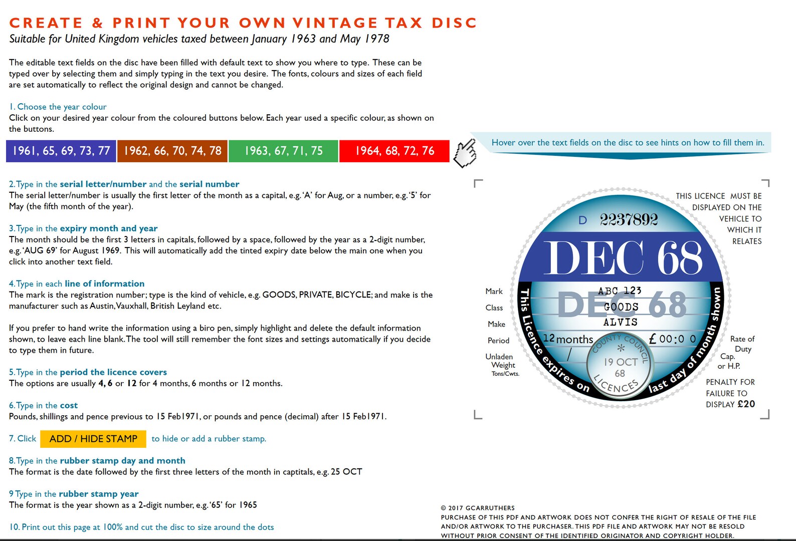 Edit and Print Your Own Replica Road Tax Disc 1963 1977 for Etsy UK