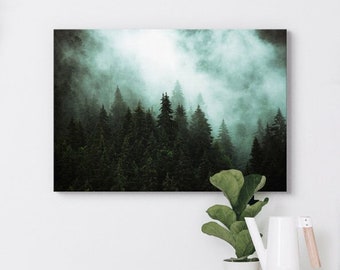 Lienzo decorativo de árboles de hoja perenne, impresión de la naturaleza de Misty Pines, listo para colgar, decoración de dormitorio