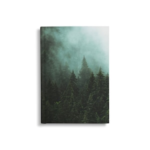 May include: A misty forest scene with tall evergreen trees. The fog is thick and obscures the tops of the trees, creating a mysterious and ethereal atmosphere.