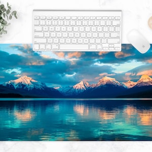 Sunset Mountain Desk Mat, Mountain & Lake Photo, Blue Desk Pad, Large Mousepad, Keyboard Mat for Home Office, Nature Desk Accessories