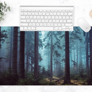 May include: A misty forest scene with tall, dark trees and a light blue sky. The trees are densely packed together, creating a sense of depth and mystery. The light is soft and diffused, creating a dreamy atmosphere.