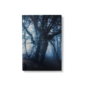 May include: A hardcover journal featuring a dark, atmospheric forest scene. The image depicts a large tree in a misty, blue-toned forest, creating a mysterious and evocative aesthetic. The journal is perfect for writing and sketching.